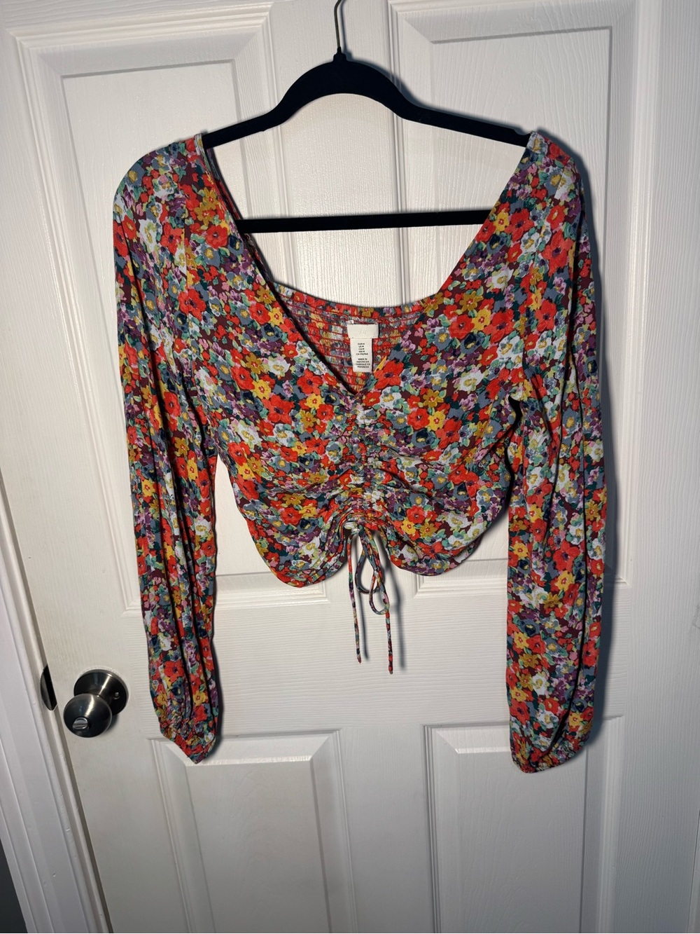 H&M Multicolor Floral Ruched Drawstring Long Sleeve Crop Top